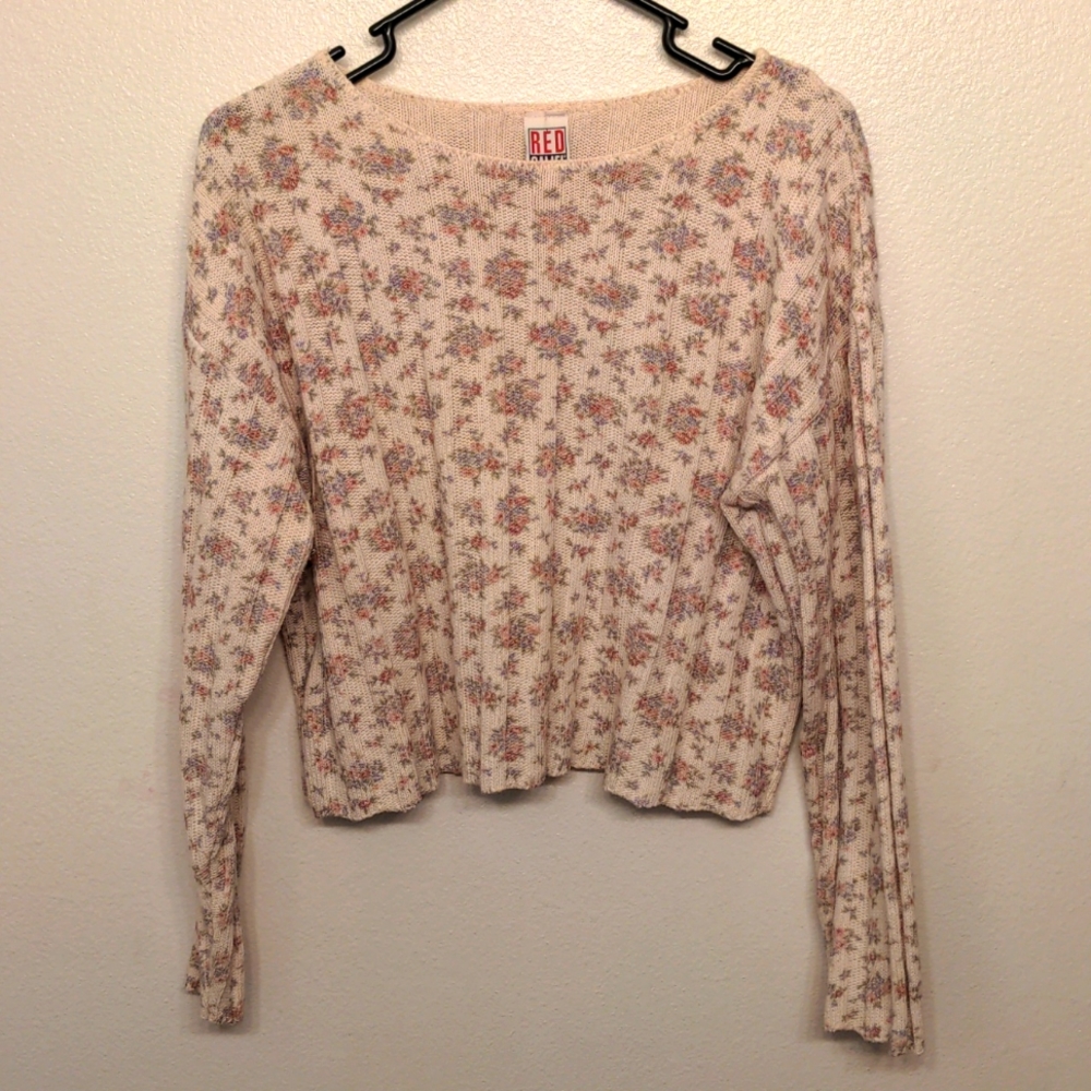 vintage blue pink floral cream white ribbed knit crop sweater polyester cotton